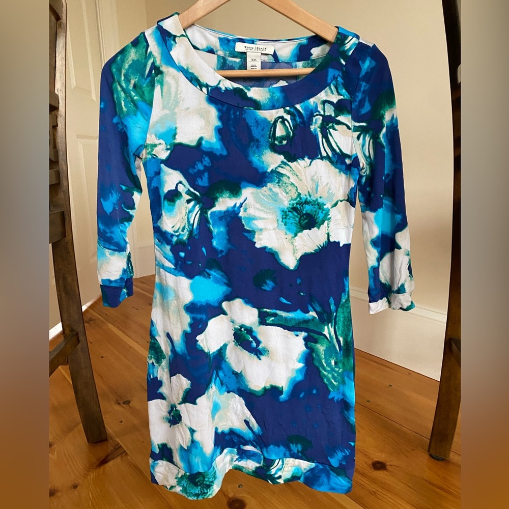 White House Black Market Blue & White Mid-Length XXS Dress 3/4-Sleeve